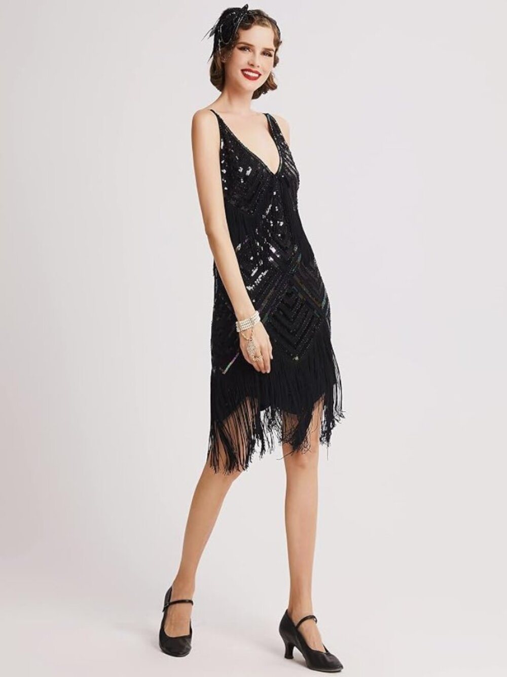 BABEYOND Beaded Sequin V-Neck Mini Slip Dress Vintage-Inspired Flapper Size XS